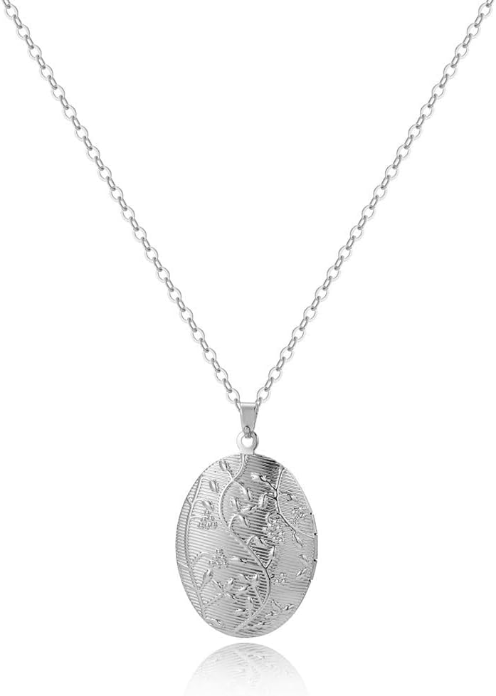 SCRDPRAD Vintage Engraved Flower Empaistic Photo Locket Hold Picture Oval Round Pendant Necklace Antique Carved Pattern Souvenir Memorial Clavicle Sweet Jewelry for Women - Image 1